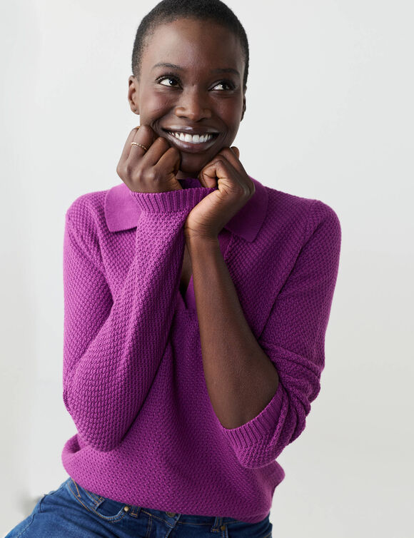 Pull col polo, maille fantaisie  (violet)