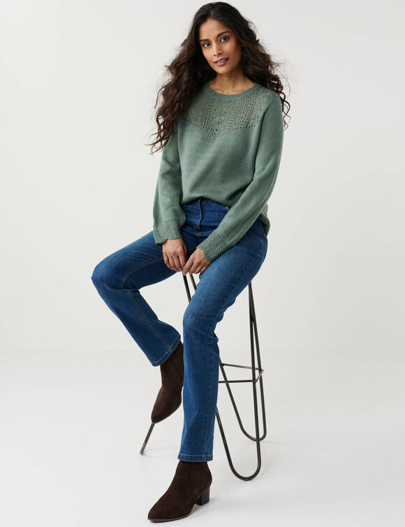 Pull col rond maille ajour&eacute;e, toucher doux (vert tilleul)