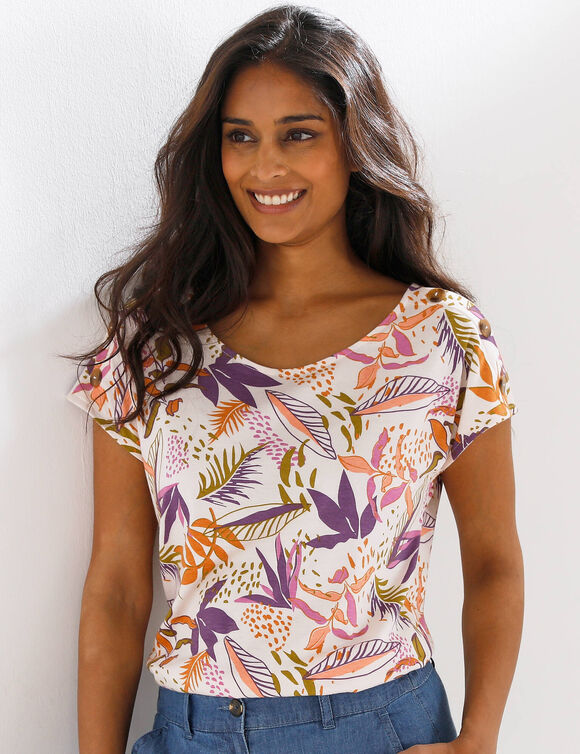 T-shirt col rond imprim&eacute; tropical (&eacute;cru / violet)