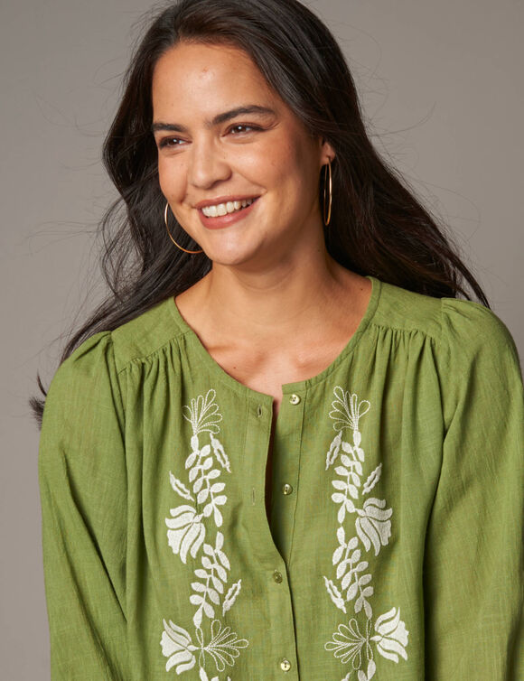 Chemisier brod&eacute;, manches 3/4  (kaki / &eacute;cru)