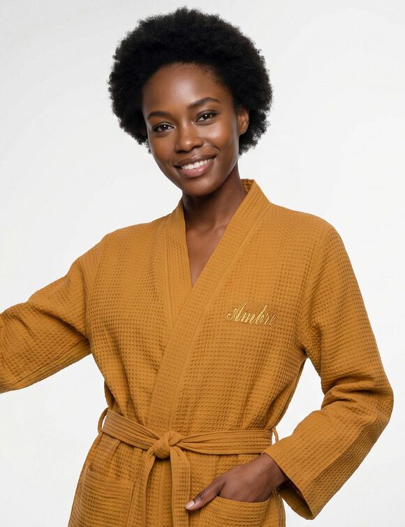 Peignoir de bain mixte col kimono &agrave; personnaliser - coton nid d'abeille 240 g/m&sup2; (curry)