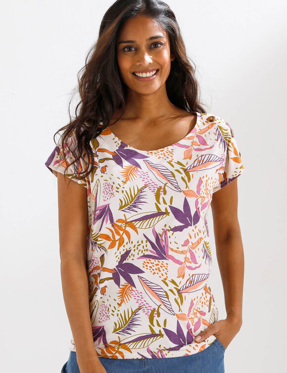 T-shirt col rond imprim&eacute; tropical (&eacute;cru / violet)