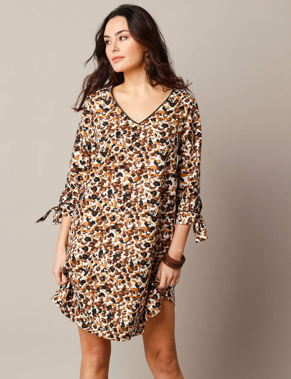 Robe évasée biais contrastés imprimée (caramel / écru)