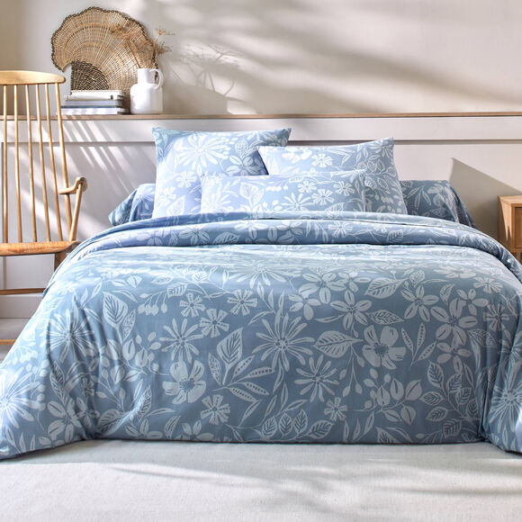Bedlinnen Céline, in katoen met bloemenprint (grijsblauw)