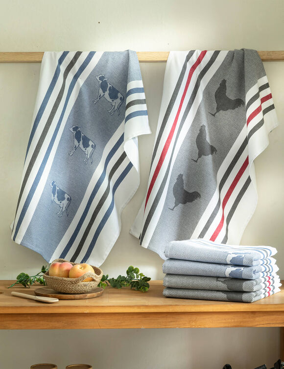 Torchons motif poule et vache - lot de 4 (bleu + gris)