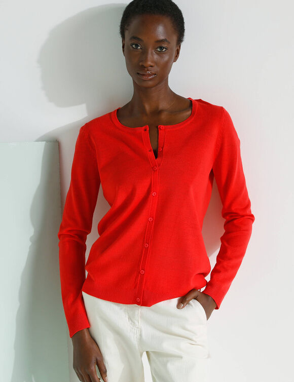 Cardigan boutonné col rond uni, toucher doux (rouge)