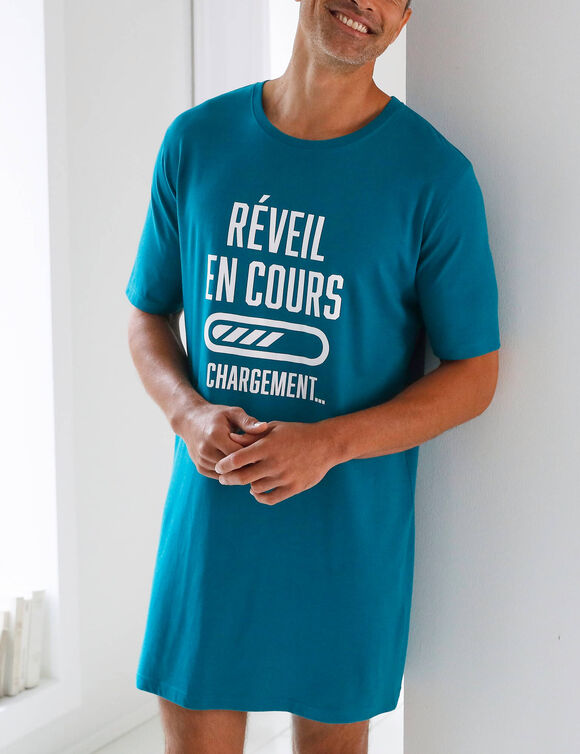 Maxi-pyjama-T-shirt bedrukt met motief &bdquo;wekker aan de gang&ldquo; (eendenblauw)