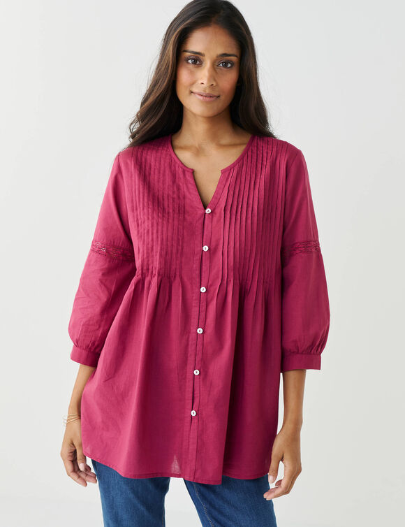 Tunique boutonn&eacute;e &agrave; plis, uni macram&eacute;  (prune)