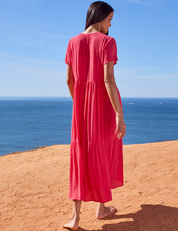 Robe col V longue unie, cr&eacute;pon (framboise)