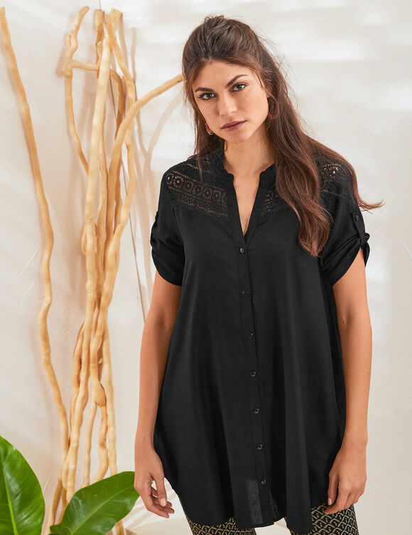 Tunique boutonnée macramé unie  (noir)