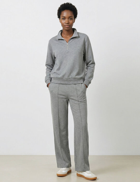 Sweat col montant zipp&eacute;, manches longues, maille milano (gris chin&eacute;)