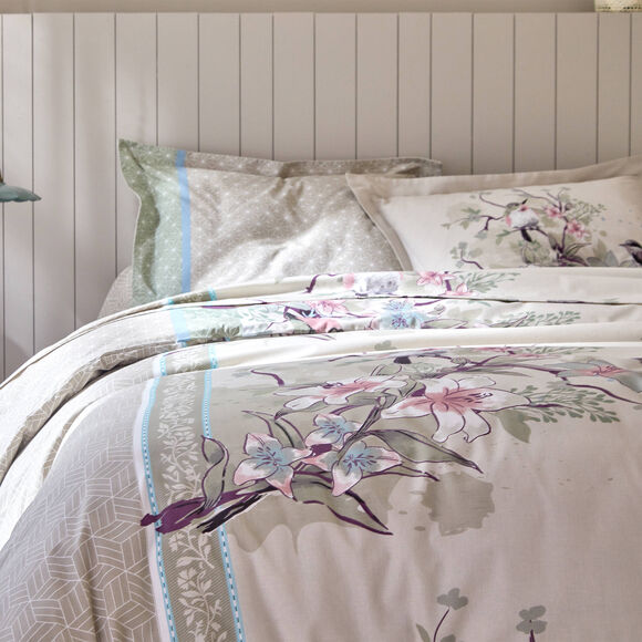 Linge de lit Birdy en coton imprimé oiseaux (sable)