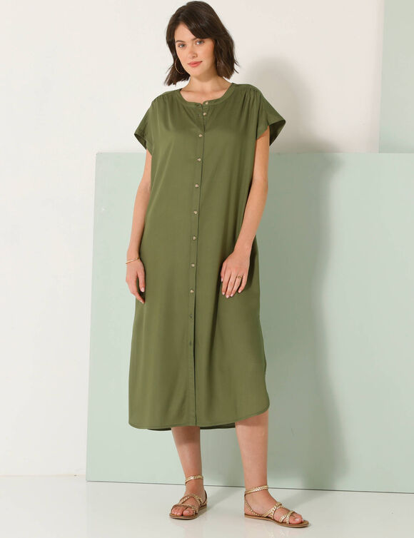 Robe longue boutonnée unie, fluide (kaki)