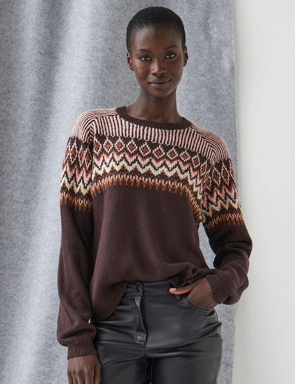 Pull col rond motif jacquard, toucher doux  (chocolat / rose)