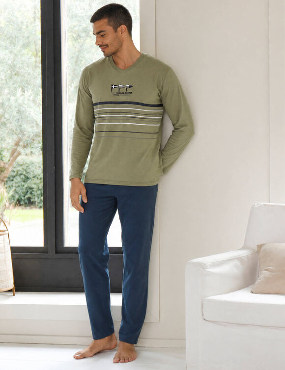 Lange pyjama met V-hals en lange mouwen van zachte katoen (linde / marine)