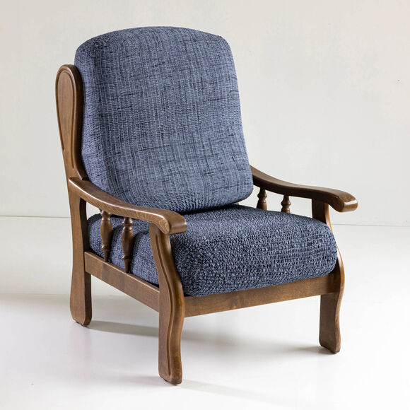 Housse microfibre bi-extensible effet faux uni sp&eacute;ciale fauteuil rustique  (bleu)