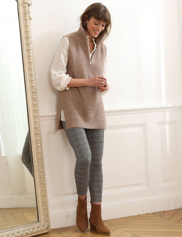 Legging à carreaux tissés-teints, taille élastiquée (noir / beige)