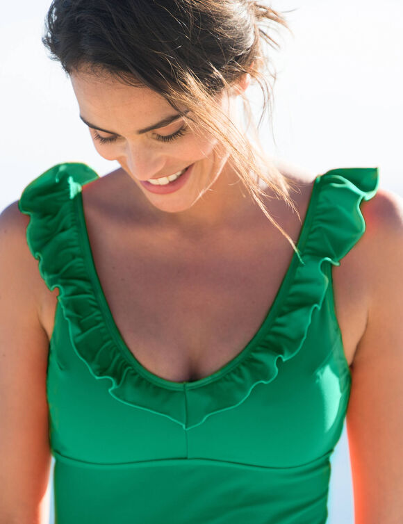 Maillot de bain à volants uni, 1 pièce Solaro petite stature - sans armatures (vert)