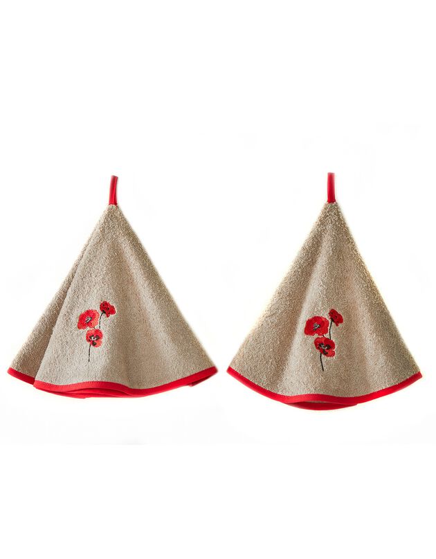 Torchons rond éponge brodée coquelicots - lot de 2 (beige)