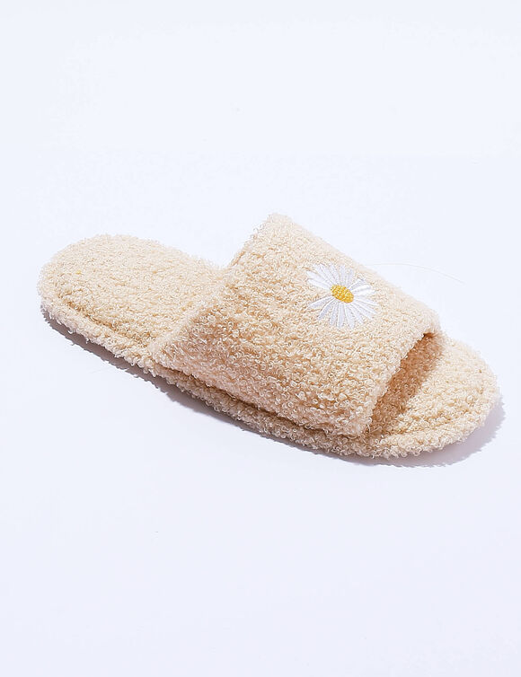 Platte, open muiltjes met geborduurde margriet (beige)