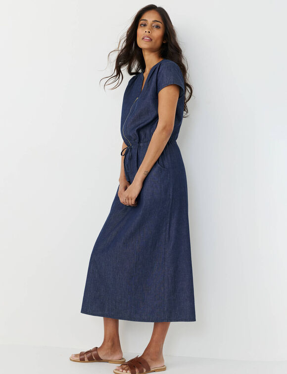 Robe longue col zipp&eacute;, denim l&eacute;ger (brut)