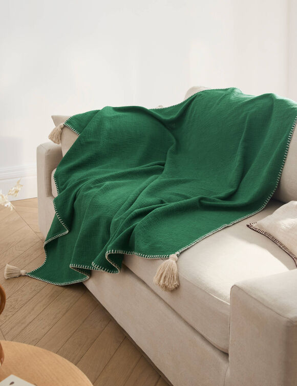 Plaid uni coton textur&eacute; (vert)