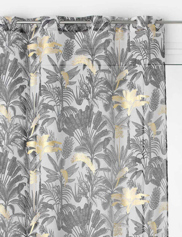 Voilage feuilles palmier, imprim&eacute; m&eacute;tallis&eacute;, finition &oelig;illets (gris / dor&eacute;)