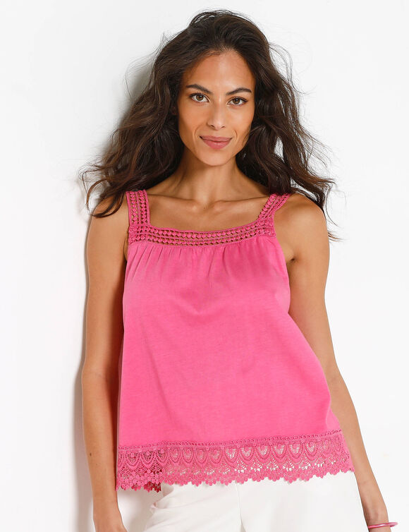 D&eacute;bardeur col carr&eacute; macram&eacute;, uni (roze)