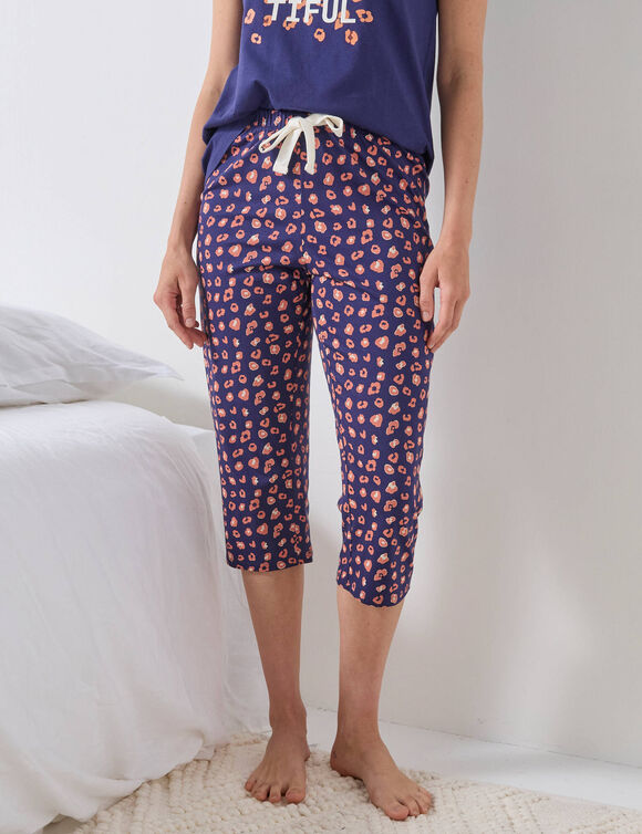 Pantacourt pyjama imprimé "Beautiful" (marine / cuivre)