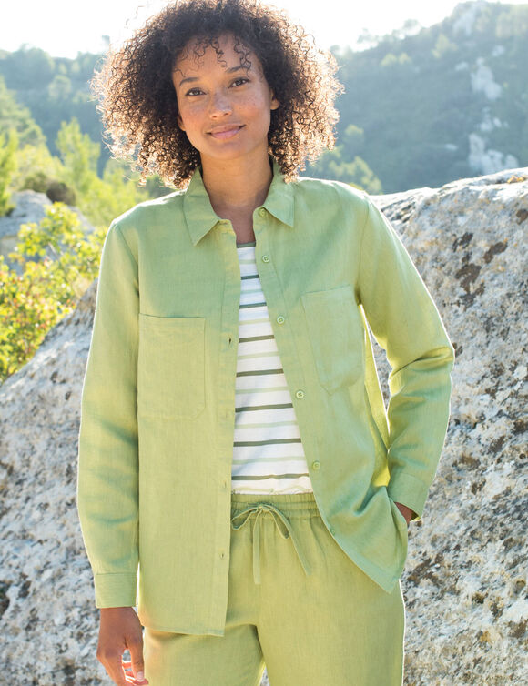 Chemisier boutonn&eacute; en coton/lin (vert tilleul)