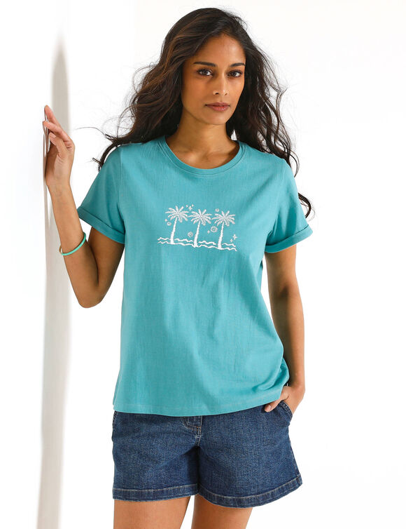 T-shirt manches courtes, imprim&eacute; palmiers devant (celadon / wit)