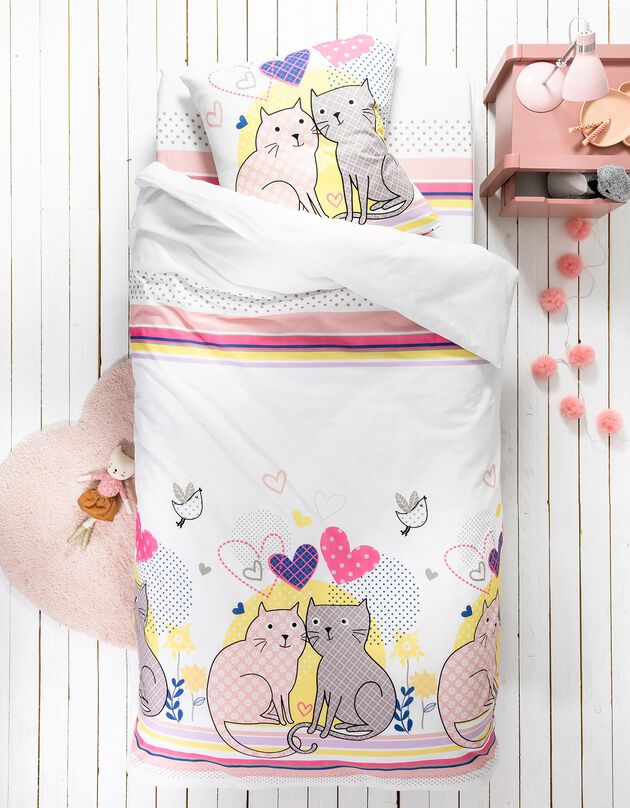 Linge de lit enfant à motifs chats Chamour 1 personne - coton, blanc, hi-res