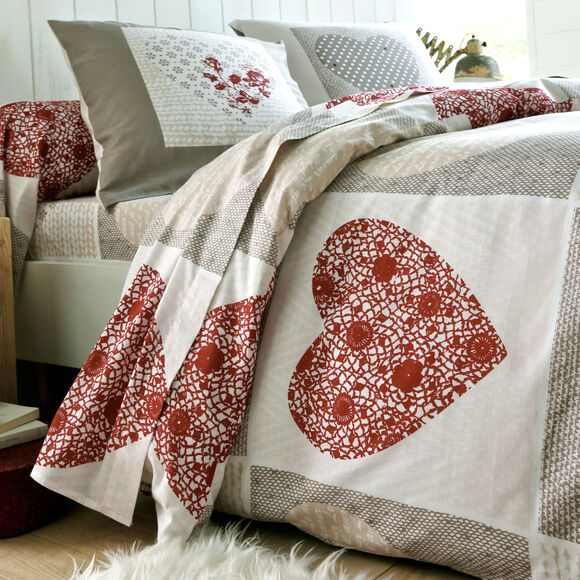 Linge de lit Lovely en flanelle imprimé coeurs  (taupe / rouge)