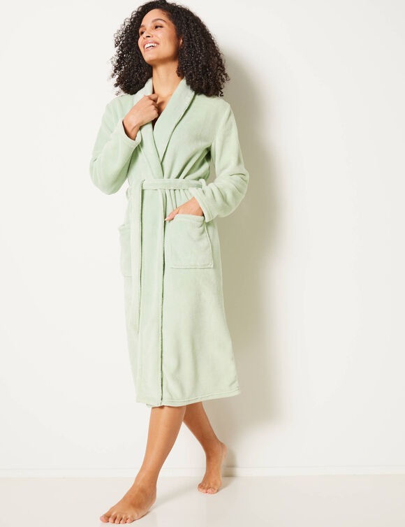 Peignoir in fleece met pluchetouch - 115 cm lang, lange mouwen (linde)