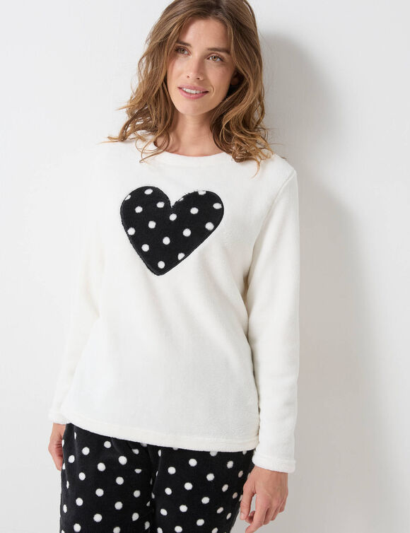 Pyjama pantalon en polaire toucher peluche, motif coeur et pois (écru / noir)