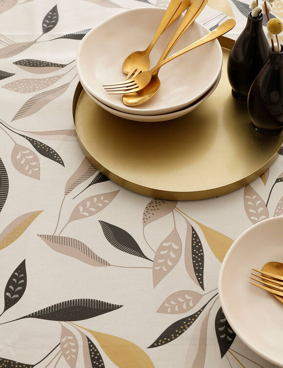Nappe toile cir&eacute;e imprim&eacute; v&eacute;g&eacute;tal (beige / noir)