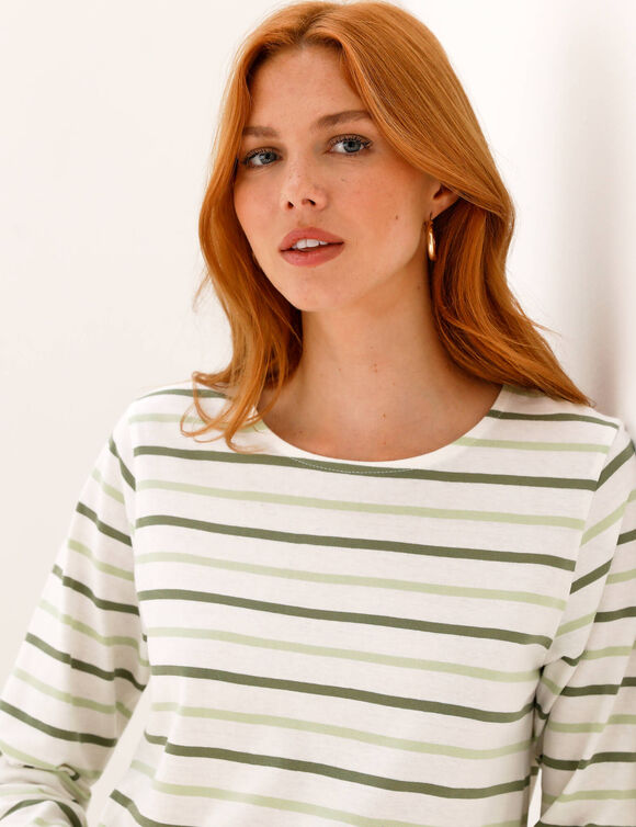 T-shirt ray&eacute; manches 3/4, maille jersey (&eacute;cru / vert amande)