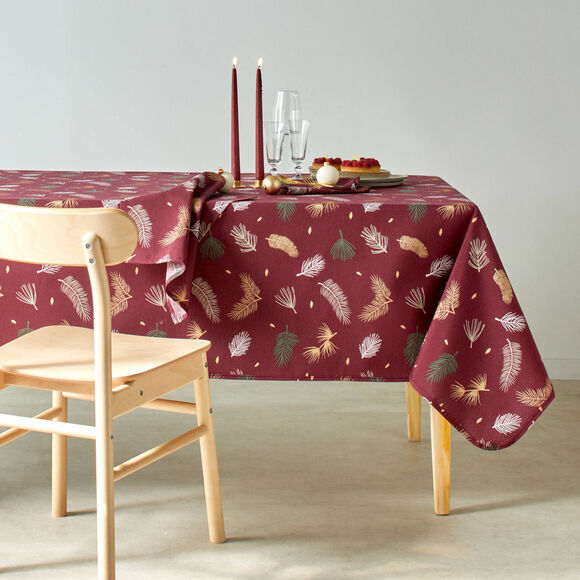 Tafellaken met goudkleurige bladerenprint (wijnrood)
