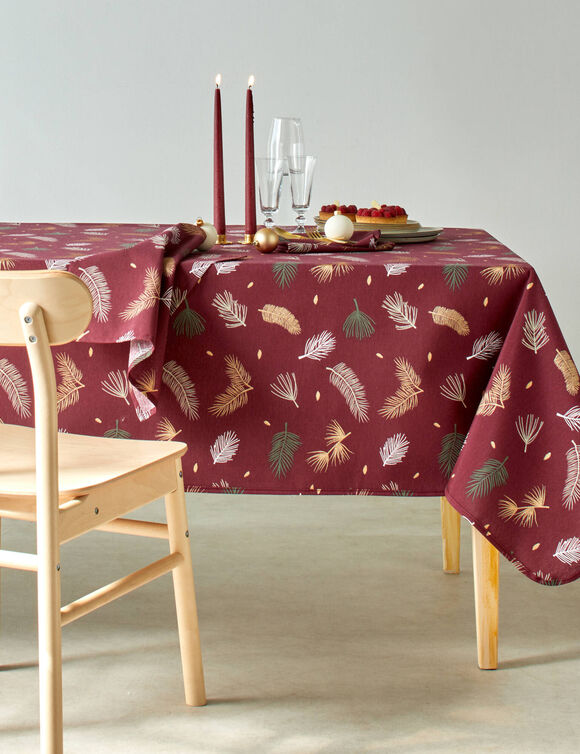 Tafellaken met goudkleurige bladerenprint (wijnrood)