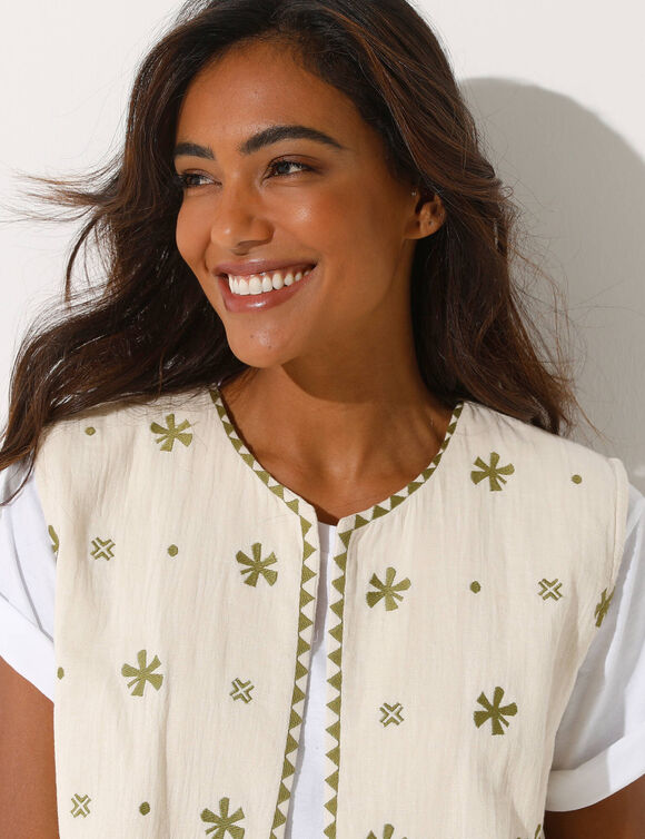 Veste brod&eacute;e sans manches, gaze de coton (&eacute;cru / kaki)