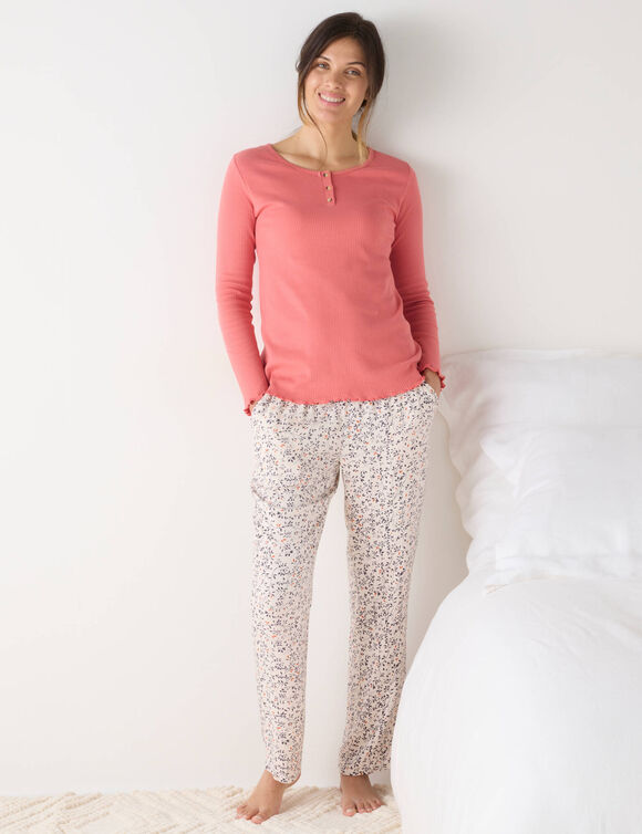 Pyjamabroek met floraal bedrukking (ecru / grijs)