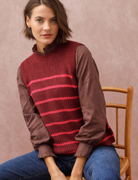 Pull sans manches ray&eacute;, maille anglaise (bordeaux / rose)