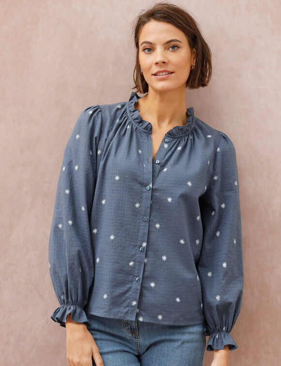 Chemisier volant&eacute; imprim&eacute; marguerites, coton textur&eacute; (bleu gris&eacute; / &eacute;cru)