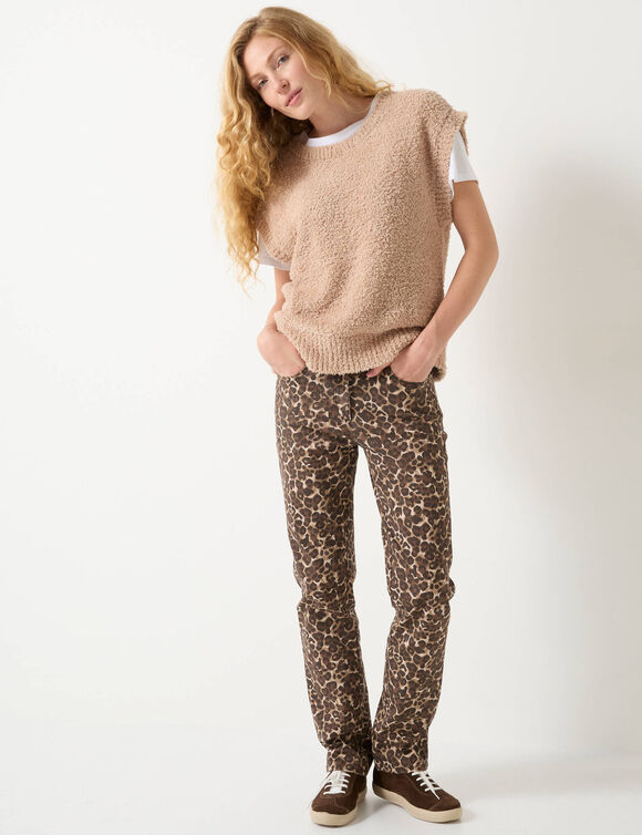 Pull sans manches maille bouclette, épaules tombantes (beige)