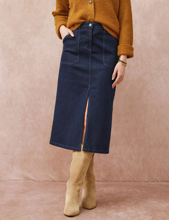 Jupe fendue longueur midi, denim souple (brut)