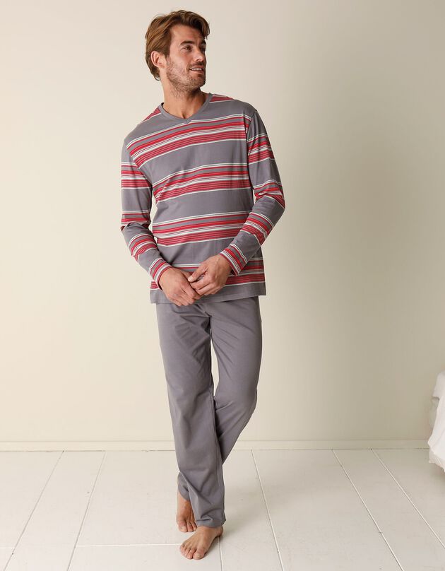 Gestreepte pyjama in katoen met V-hals (grijs / rood)