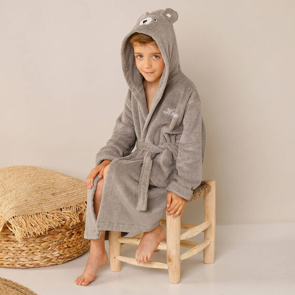 Vermommingsbadjas voor kinderen, beertjesmotief en kap, personaliseerbaar (taupe)