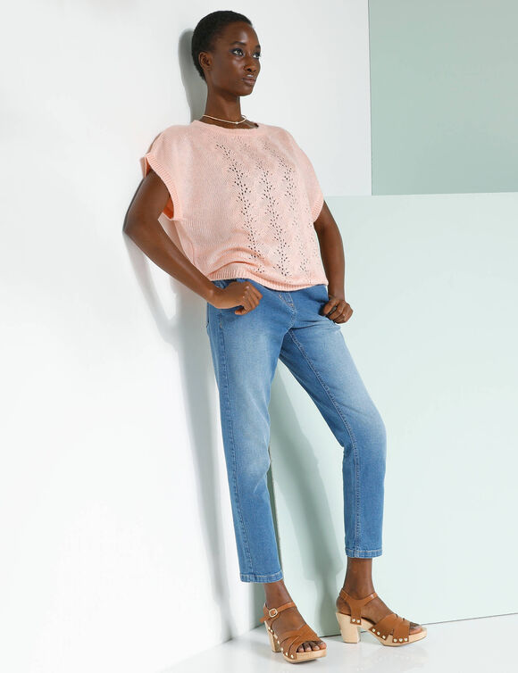 Pull manches courtes, maille ajourée (rose pâle)