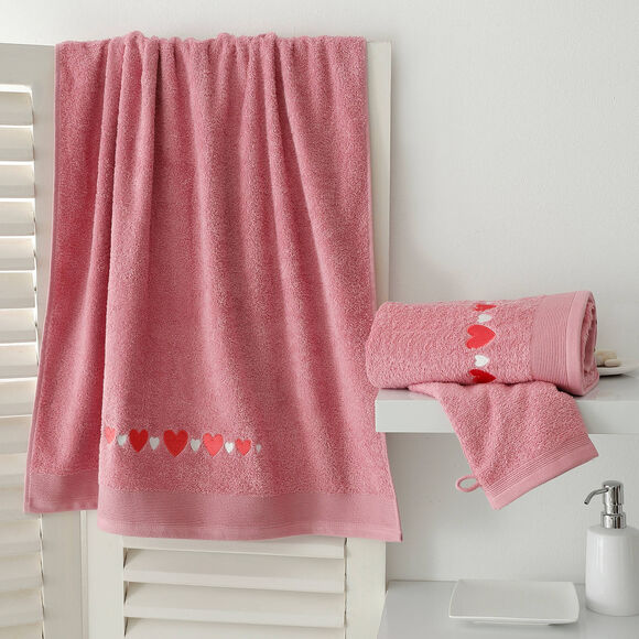 Serviettes de bain brodées cœurs (oudroze)