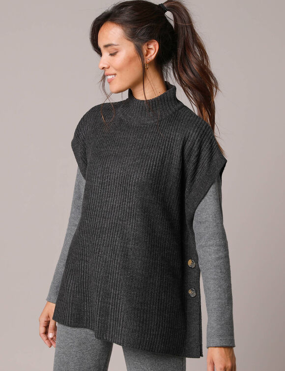 Pull col montant sans manches, maille perlée (anthracite chiné)
